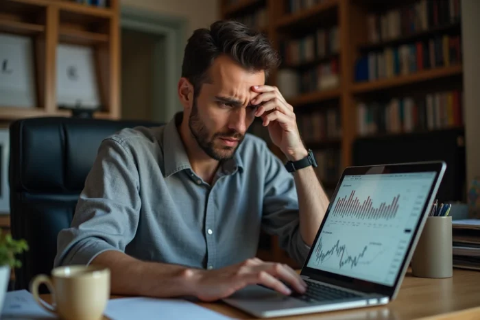 Homme inquiet regardant des données financières sur un ordinateur portable, illustrant les risques des plateformes d'investissement en ligne comme Gadrov