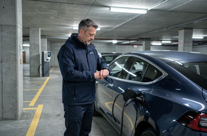 Homme vérifiant sa montre connectée à côté d'une borne de recharge pour véhicule électrique en ville