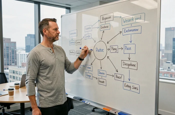 Homme debout devant un tableau blanc avec une architecture de navigation de site web dessinée à la main