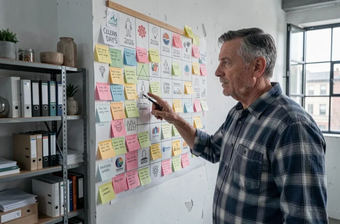 Homme d'affaires planifiant les fêtes du jour en 2026 devant un grand tableau de planification mural couvert de notes colorées