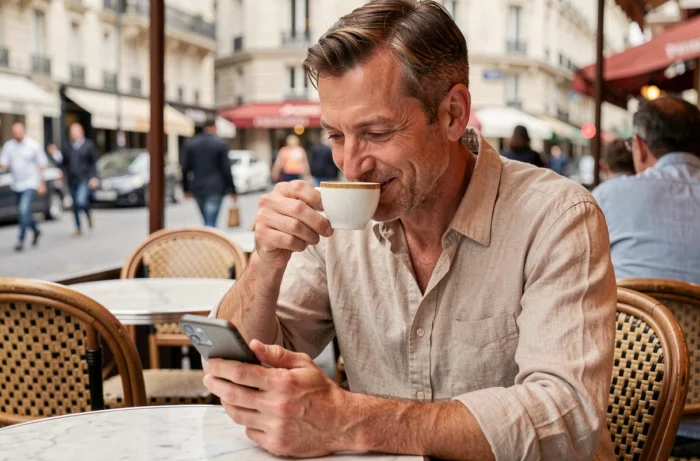 Homme seul à une terrasse de bistrot parisien consultant son téléphone avec le sourire, reflet de la vie sentimentale d'un personnage public