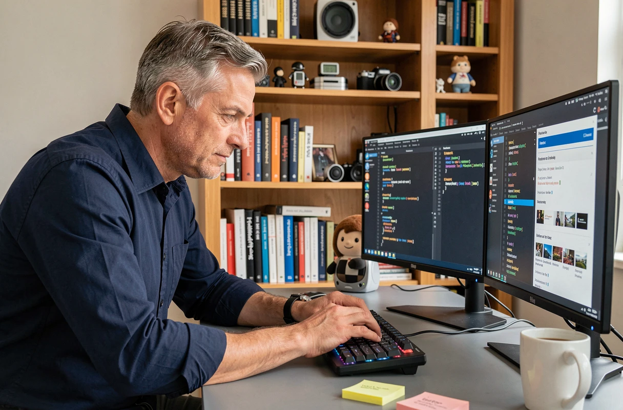Homme dans la quarantaine consultant des flux d'actualités technologiques et du code sur un double écran dans un bureau à domicile