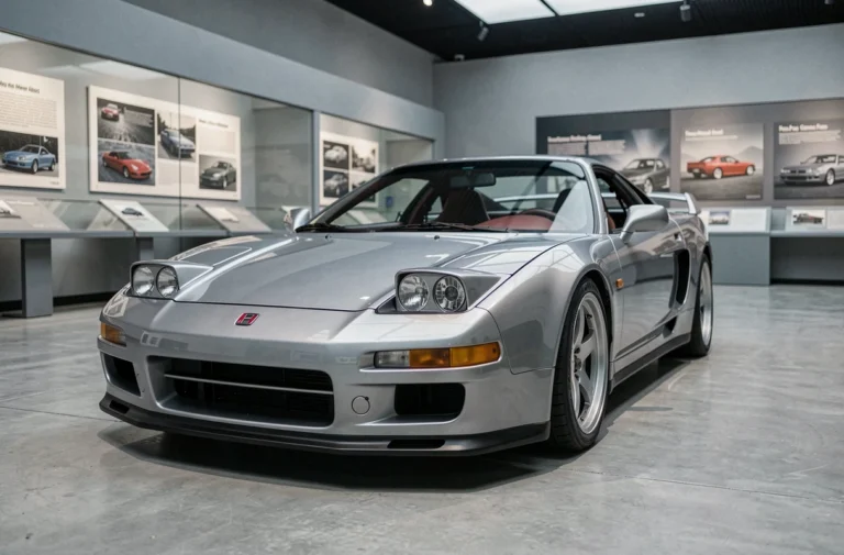Honda NSX première génération en rouge Formula Red exposée dans un musée automobile moderne, vue de face en trois quarts