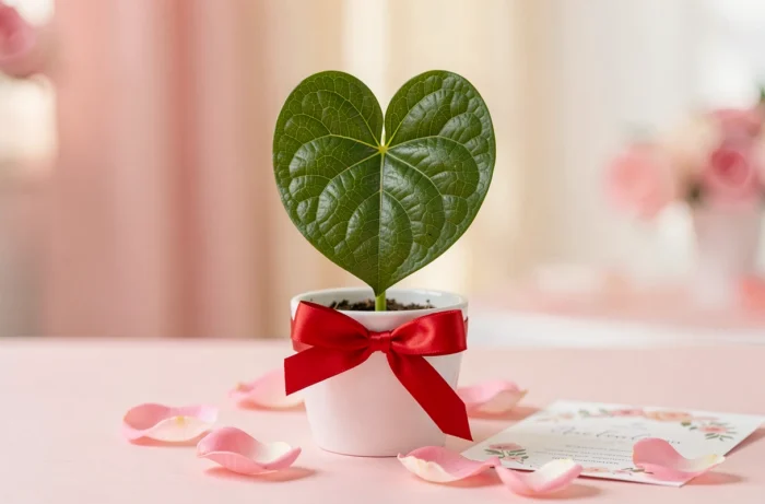 Feuille en forme de cœur de Hoya kerrii dans un petit pot blanc avec ruban rouge, entourée de pétales de rose et d'une invitation de mariage