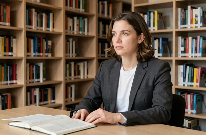 Personne agender assise dans une bibliothèque moderne, symbolisant la réflexion sur l'identité de genre