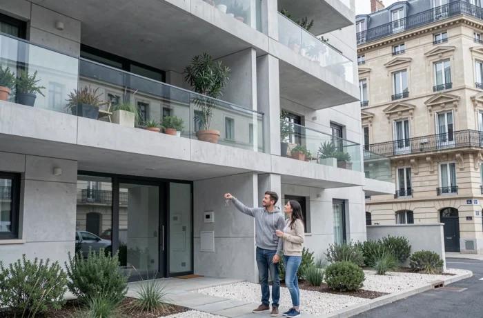 Immeuble résidentiel moderne dans le quartier des Grisettes à Montpellier avec un jeune couple devant l'entrée lors d'une installation