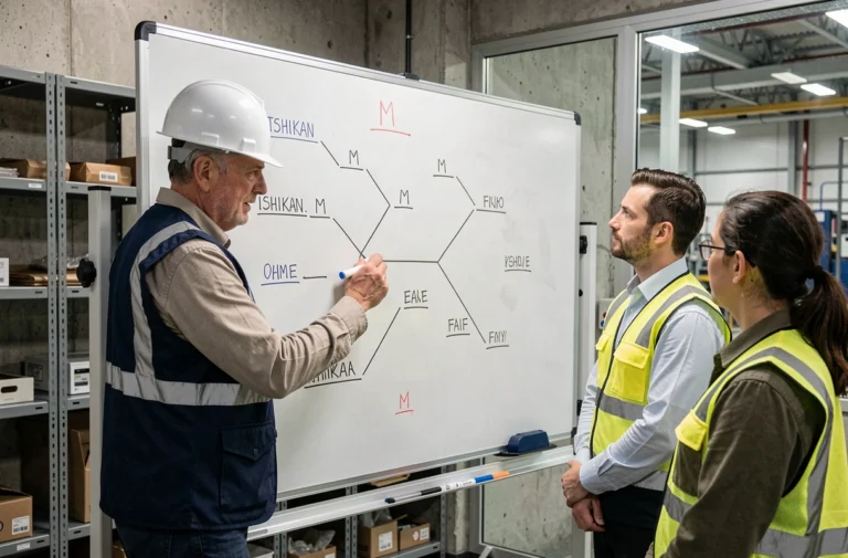 Ingénieur qualité expliquant le diagramme d'Ishikawa des 5M à des collègues devant un tableau blanc en usine