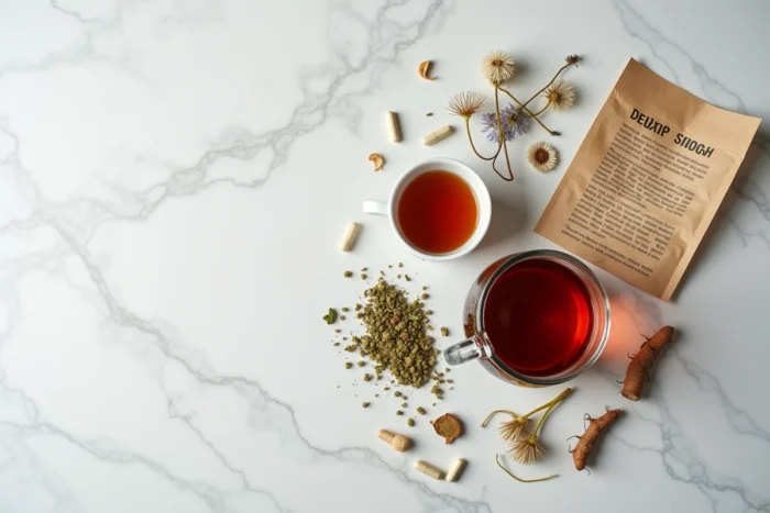 Vue de dessus d'un thé détox en feuilles, gélules et notice, illustrant la composition et les ingrédients potentiellement risqués des thés comme Lulutox