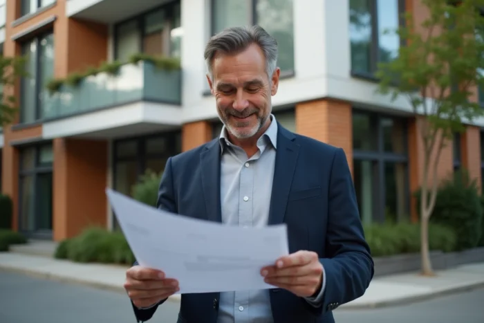 Investisseur immobilier homme d'affaires tenant des documents devant un immeuble locatif moderne en ville