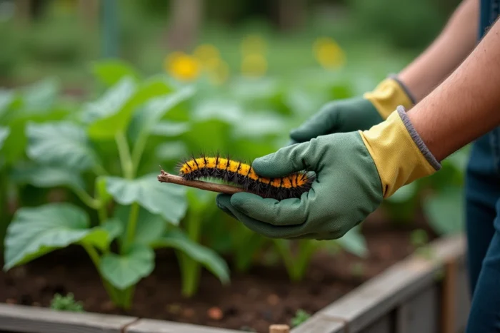 Main gantée d'un jardinier tenant une branche avec une chenille jaune et noire, dans un potager en plein air