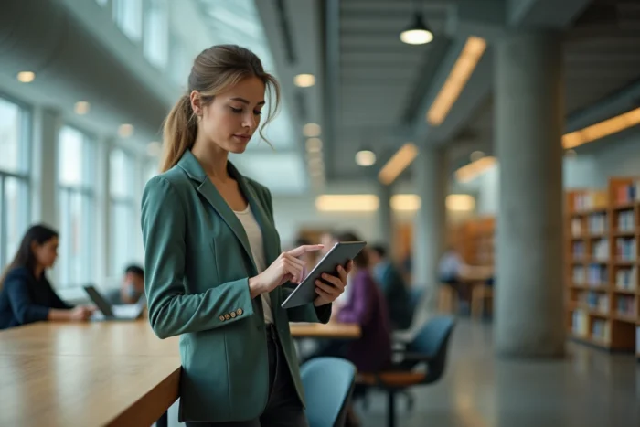 Une jeune enseignante consultant le webmail de l'académie de Lyon sur une tablette dans une bibliothèque scolaire moderne