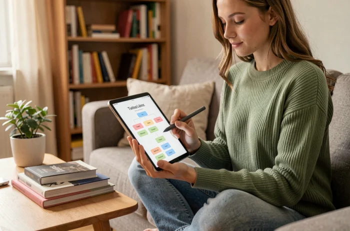 Jeune femme consultant un plan de site web sur tablette dans un espace de travail à domicile cosy