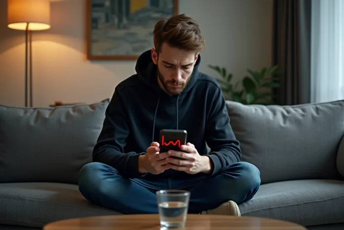 Jeune homme stressé consultant une application financière sur smartphone montrant des pertes, erreurs courantes sur les plateformes comme Gadrov