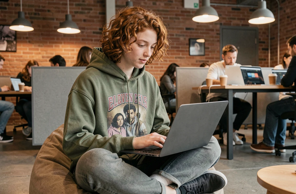 Jeune adulte lisant les tendances du monde informatique sur un laptop dans un espace de coworking créatif et décontracté