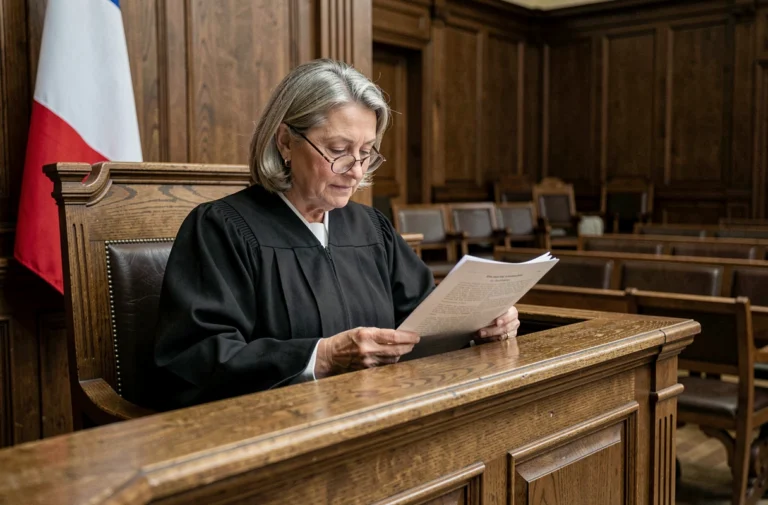 Juge en robe noire examinant des documents juridiques dans une salle d'audience française, illustrant le processus de rejet ou déboutement d'une demande au tribunal