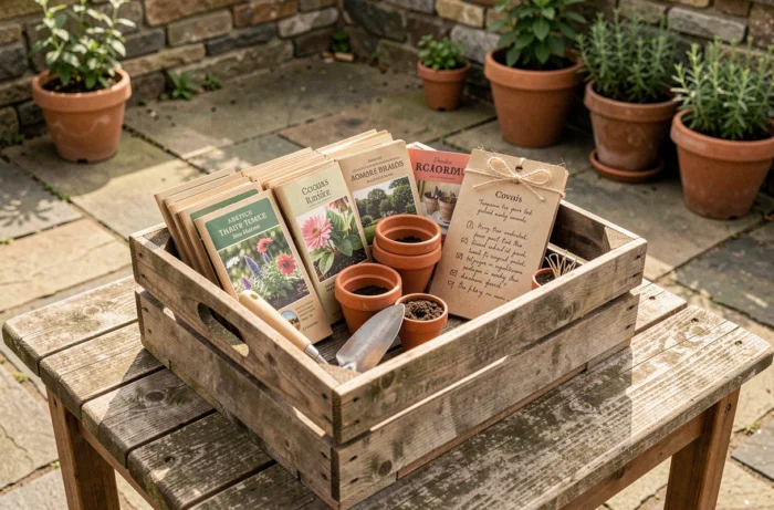 Kit de jardinage pour couple présenté dans une caisse en bois avec sachets de graines, pots en terre cuite, truelle et cahier d'instructions, sur table de jardin rustique