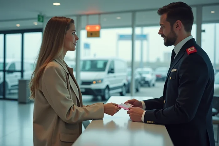 Femme présentant son permis de conduire rose à un comptoir de location de voiture dans un aéroport international