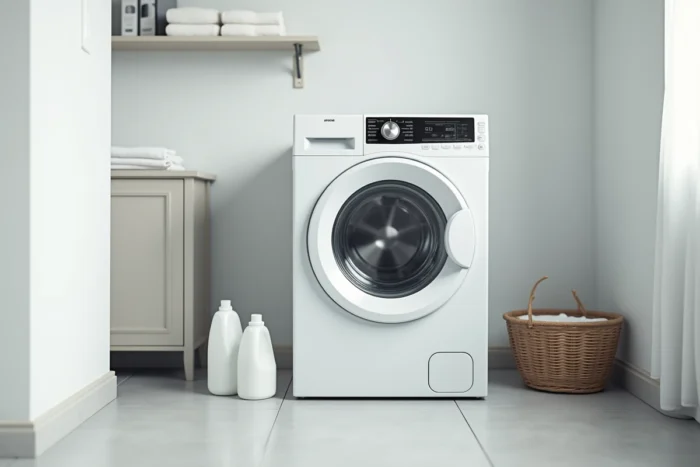 Machine à laver Valberg blanc encastrée dans une buanderie moderne avec carrelage gris et étagères rangées