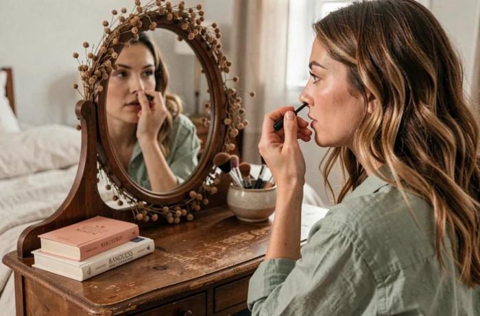 Jeune femme se maquillant devant un miroir vintage dans une chambre cosy, astuce beauté quotidienne