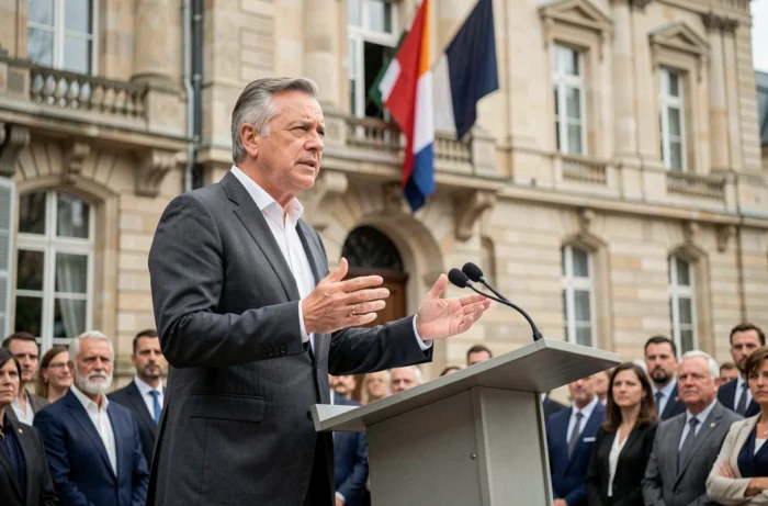 Homme politique prenant la parole en public devant un bâtiment municipal français avec drapeau tricolore