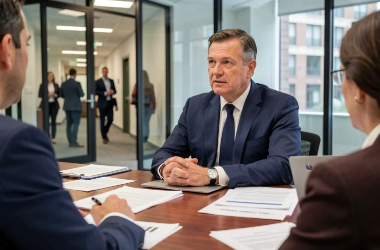 Homme politique professionnel en réunion institutionnelle autour d'une table de conférence en bois
