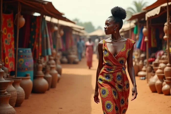 Marché culturel africain représentant les racines et l'environnement d'origine d'une personnalité comme Elyorissa Makanga