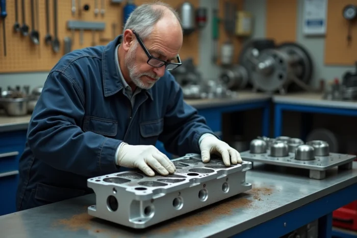 Mécanicien expérimenté inspectant une culasse moteur sur un établi d'atelier