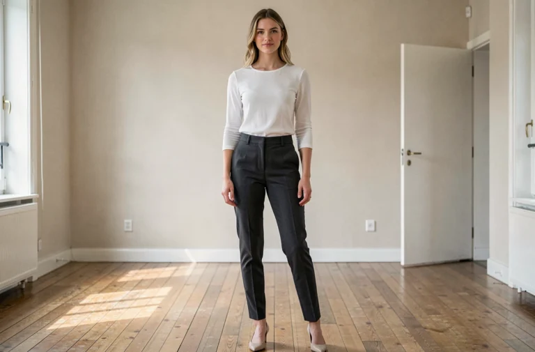 Femme française élancée en tenue chic parisienne illustrant les mensurations et la silhouette d'une actrice contemporaine