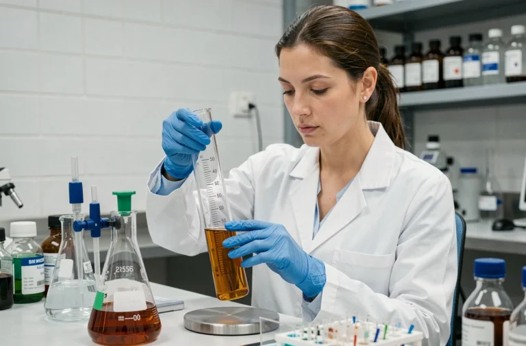Scientifique mesurant la concentration massique d'un liquide dans une éprouvette graduée en laboratoire