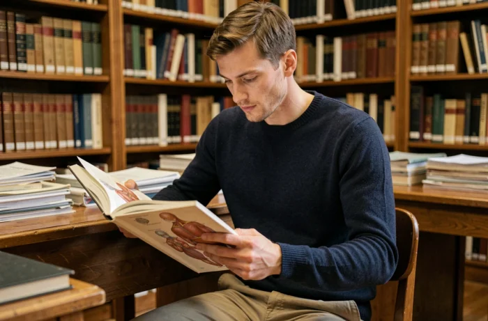 Homme à morphologie gracile étudiant des ouvrages d'anatomie dans une bibliothèque universitaire