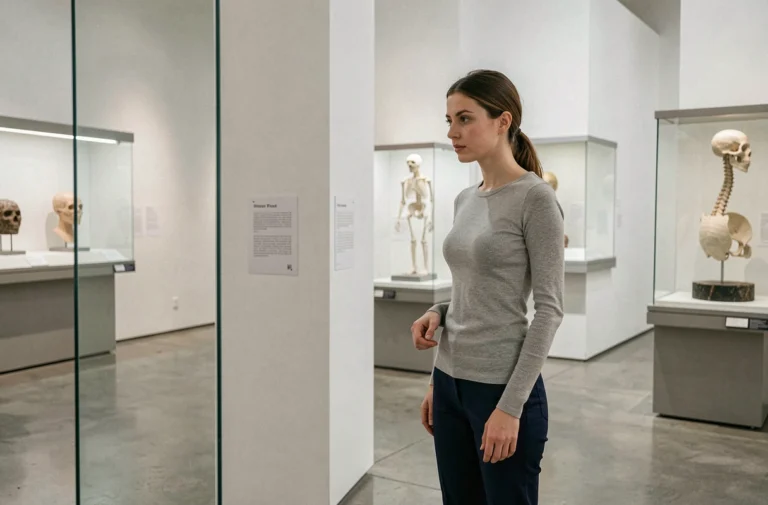 Jeune femme à morphologie gracile observant une exposition squelettique dans un musée d'anthropologie
