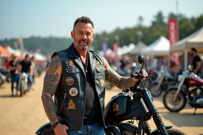 Motard tatoué posant fièrement avec sa bobber customisée au festival moto de Montalivet