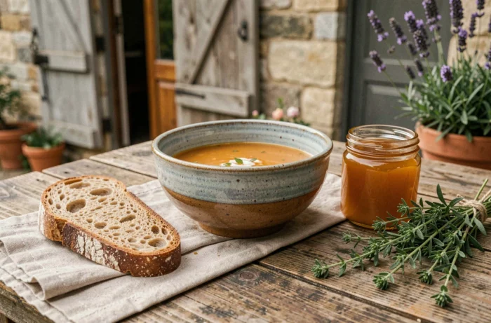 Nature morte rustique avec bol de soupe artisanale, pain de campagne et miel local sur une table en bois devant une façade de fermette en pierre