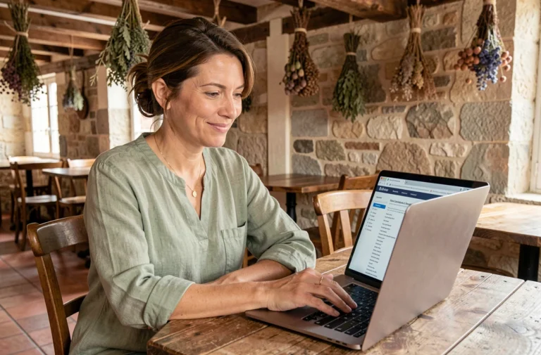 Femme naviguant sur le plan du site d'un blog culinaire français depuis un ordinateur portable dans un bistro rustique