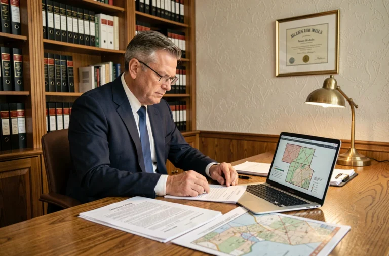 Notaire examinant des documents cadastraux et des plans de parcelles pour estimer le prix d'une servitude de passage