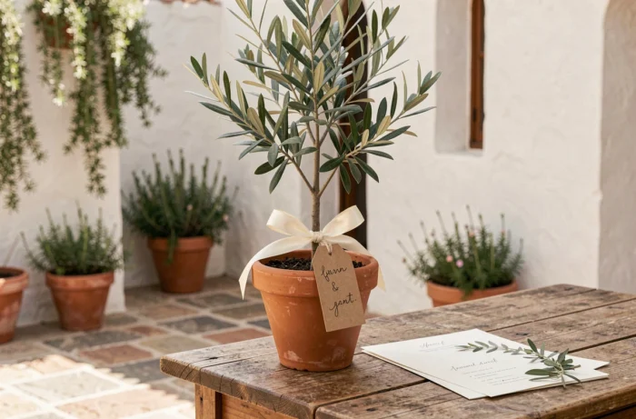 Petit olivier en pot de terre cuite noué d'un ruban crème avec une étiquette kraft, présenté comme cadeau de mariage sur une table en bois rustique