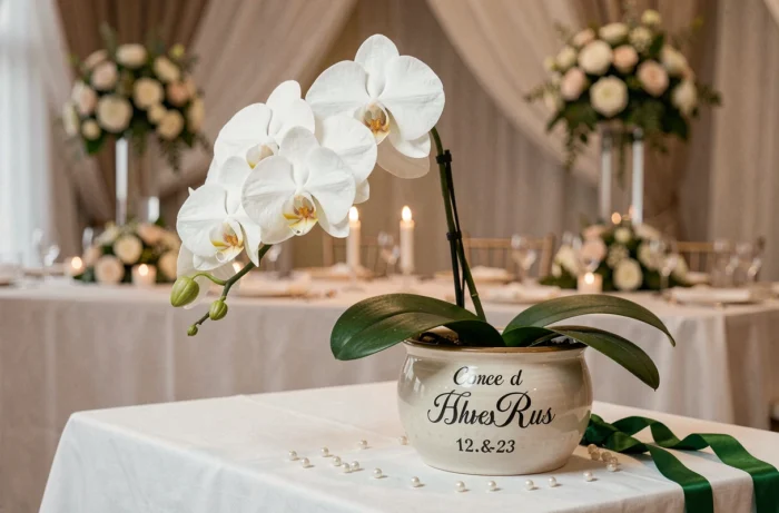 Orchidée Phalaenopsis blanche en fleur dans un cache-pot en céramique personnalisé avec les initiales du couple, sur une table de mariage drapée de lin blanc