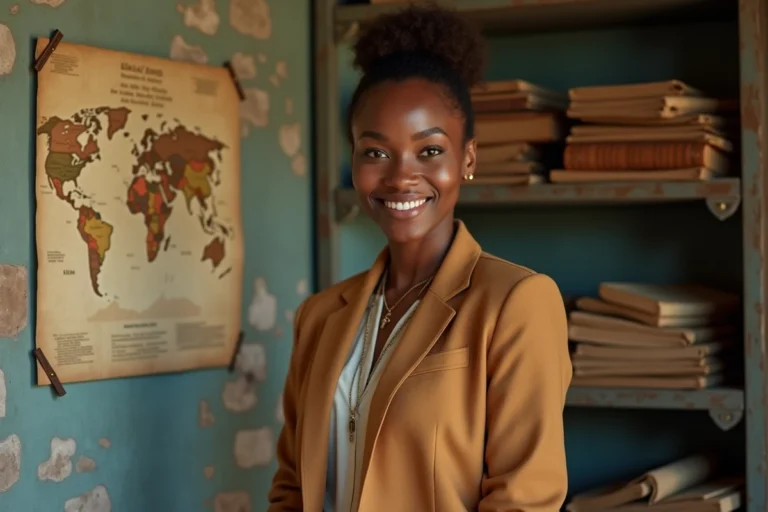 Femme d'origine africaine devant des archives historiques évoquant les origines et le parcours d'Elyorissa Makanga