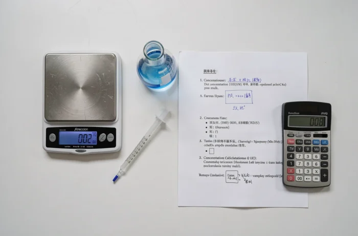 Vue du dessus des outils de calcul de concentration massique et volumique sur une paillasse de laboratoire