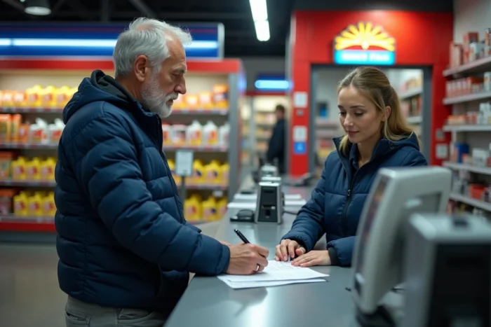 Homme payant par chèque à la caisse d'une station essence en France