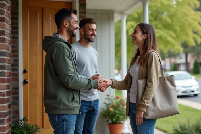 Parents accueillant une baby-sitter professionnelle à la porte de leur maison pour une première rencontre