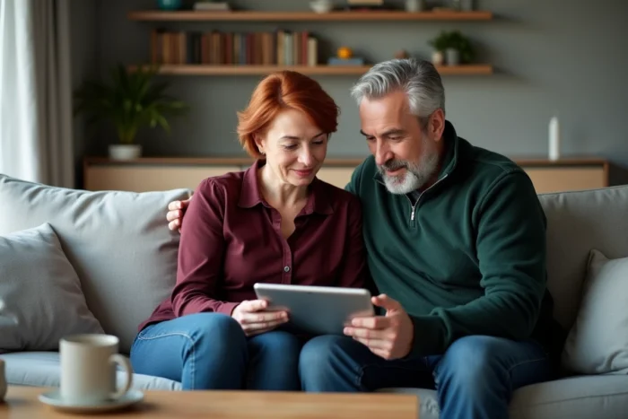 Deux parents consultent ensemble les résultats scolaires de leur enfant sur une tablette via le compte Cyclades dans leur salon
