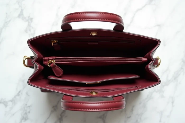 Vue à plat d'un sac à main en cuir bordeaux ouvert montrant les compartiments intérieurs, la fermeture éclair, les anses et la quincaillerie dorée