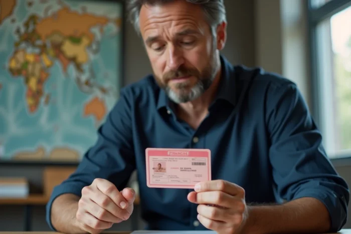 Homme tenant un permis de conduire rose français et consultant une carte du monde pour voyager à l'étranger