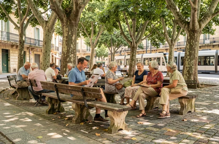 Place de quartier animée aux Grisettes à Montpellier avec des résidents sous des platanes et un tramway en arrière-plan