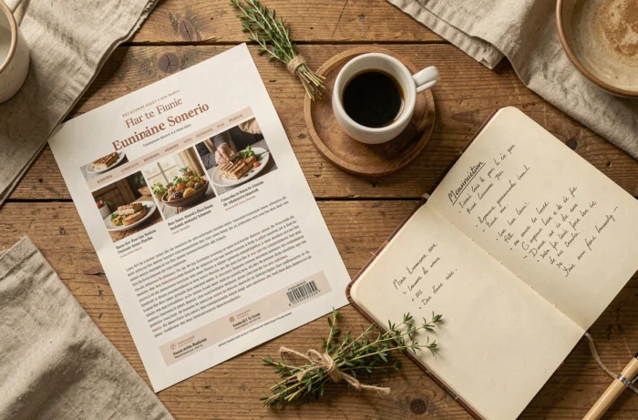 Vue aérienne d'un plan de site imprimé d'un blog culinaire français posé sur une table en bois rustique avec un café et des herbes fraîches