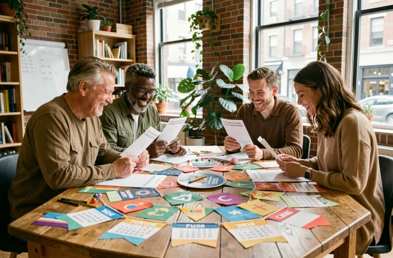Groupe de personnes planifiant les journées mondiales 2026 autour d'une table avec des calendriers festifs et des décorations colorées