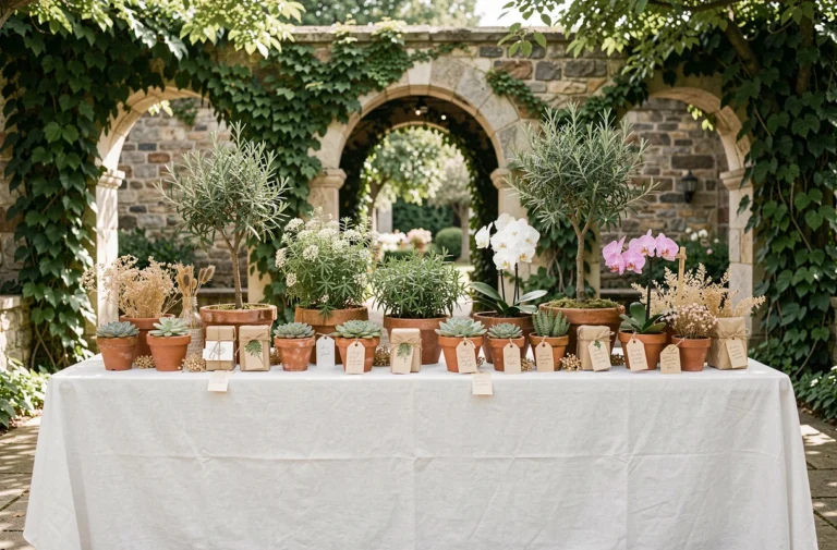 Table de cadeaux de mariage décorée de plantes variées en pots, orchidées et cadeaux botaniques sur nappe blanche dans un cadre de jardin élégant