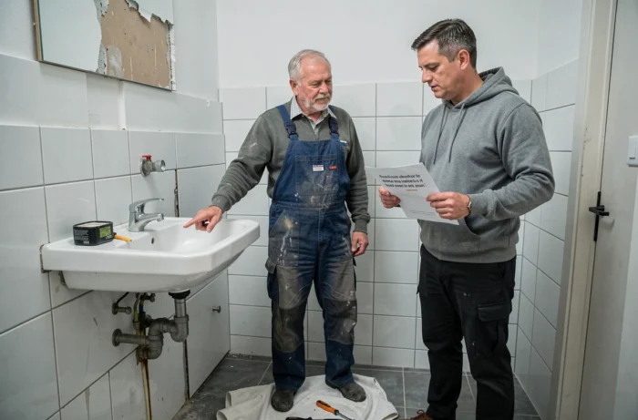 Artisan plombier expliquant un devis transparent à un client lors d'une intervention de plomberie à domicile