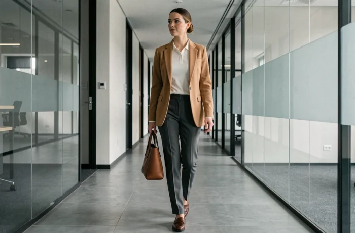 Femme élégante en polo manches longues blanc ivoire sous un blazer camel dans un couloir de bureau moderne